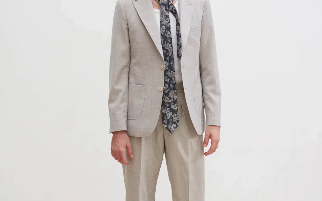 DAMON – Costume 2 pièces en toile chinée beige grisée sur mesure