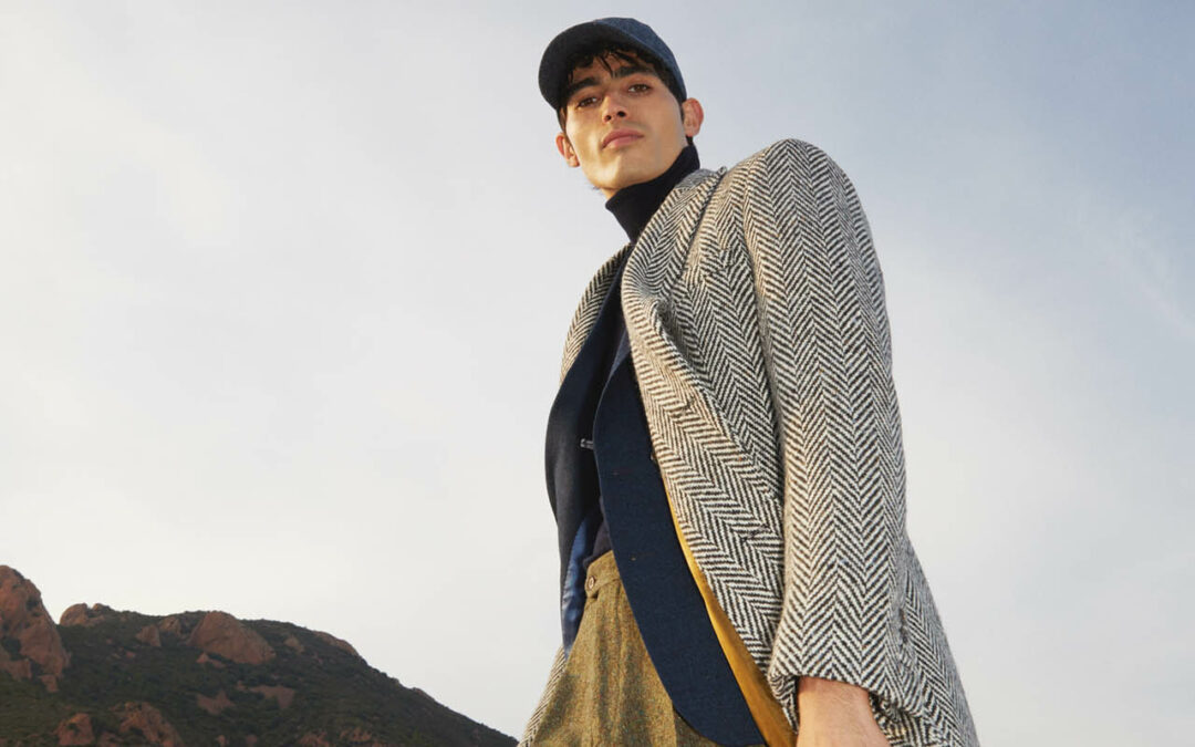 PEDRO – Manteau croisé à col pointe Tweed Donegal à chevrons noir et blanc