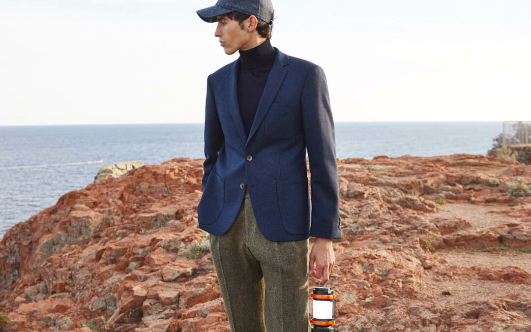 WILLY – Veste sur mesure à col droit Twill de laine bleu texturé