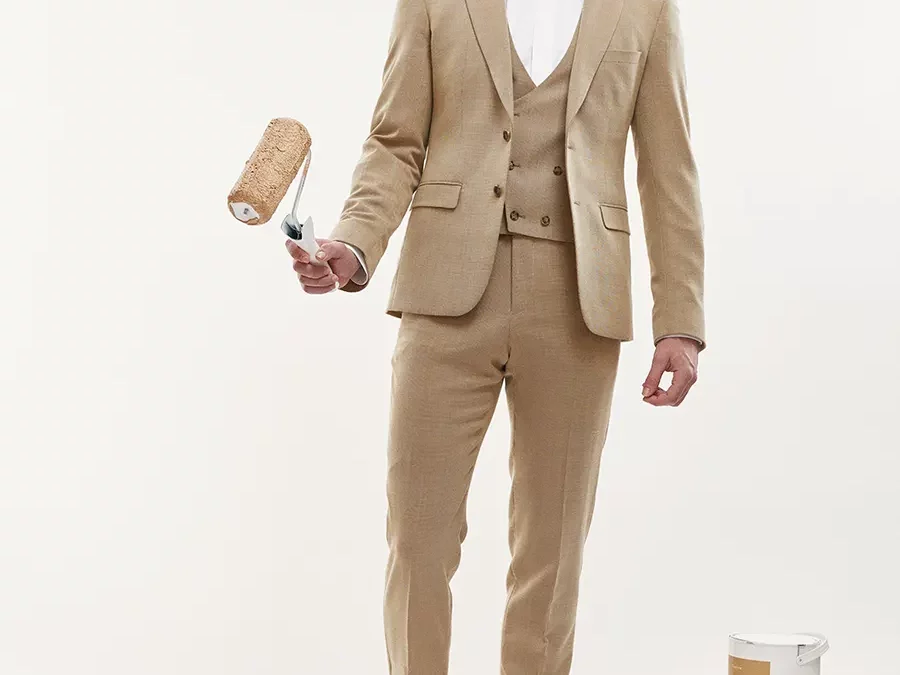 THOMAS – Costume sur mesure trois pièces en toile nattée beige