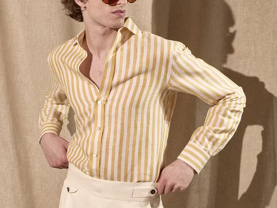 MARTIN – Chemise en toile de lin à larges rayures blanches et jaunes