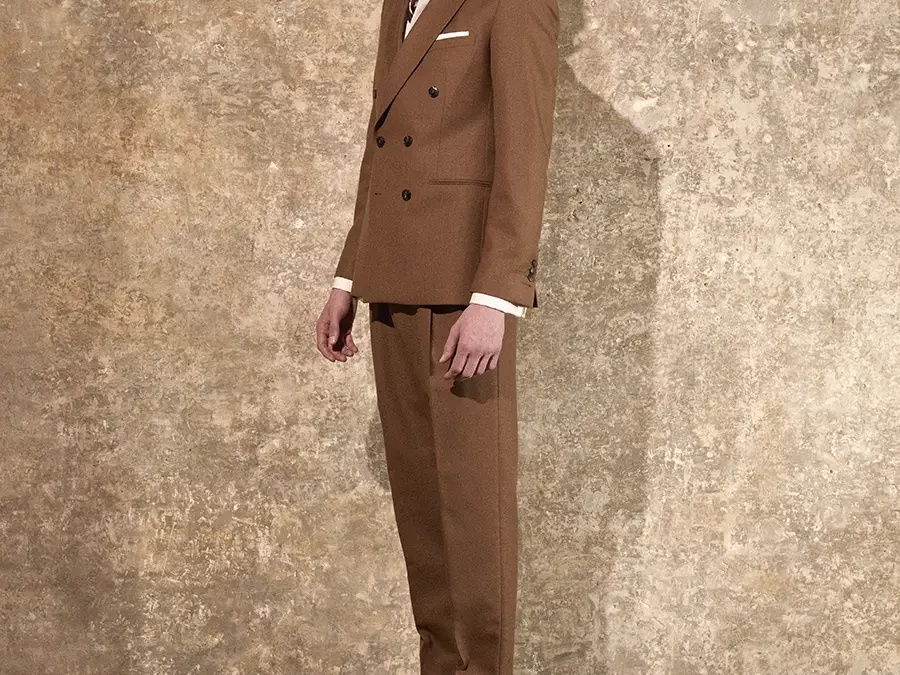 ROBIN – Costume en toile nattée camel