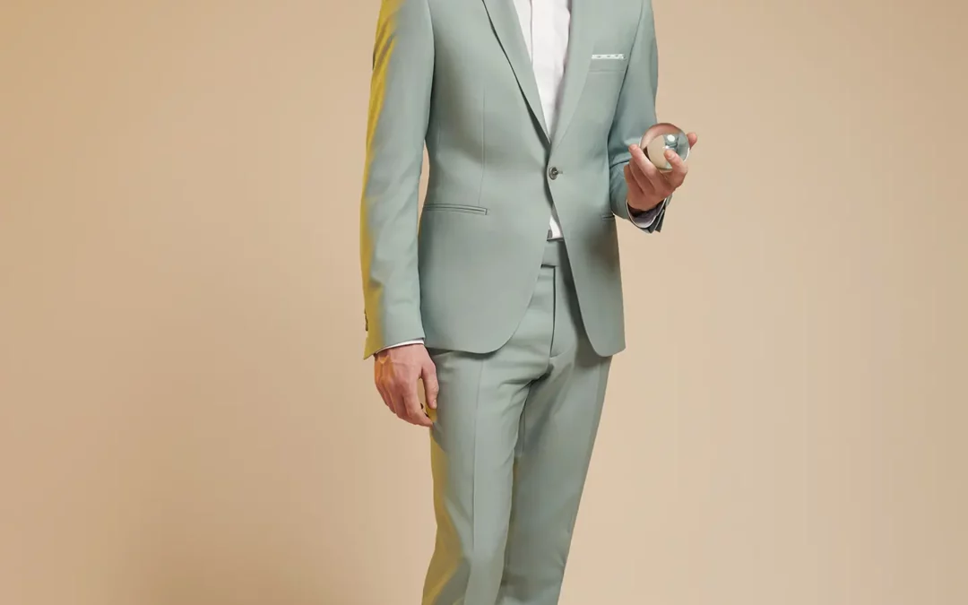 BARNETT – Costume 2 pièces sur mesure en Serge de laine vert d’eau, 100% laine