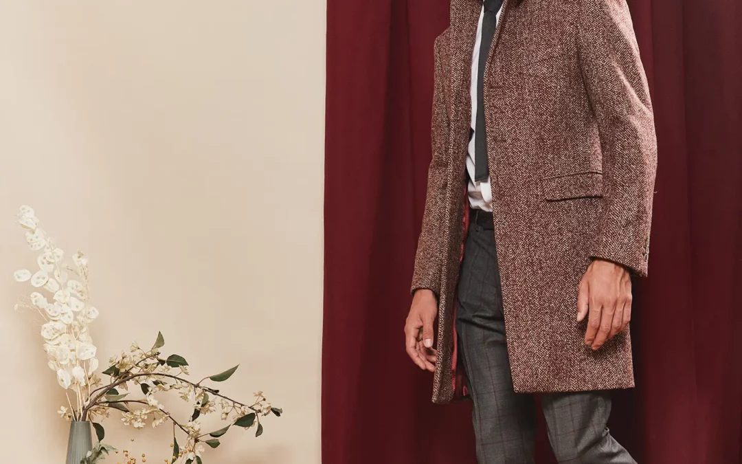 CARLO – Manteau sur mesure en Drap de laine bordeaux chiné à motifs chevron
