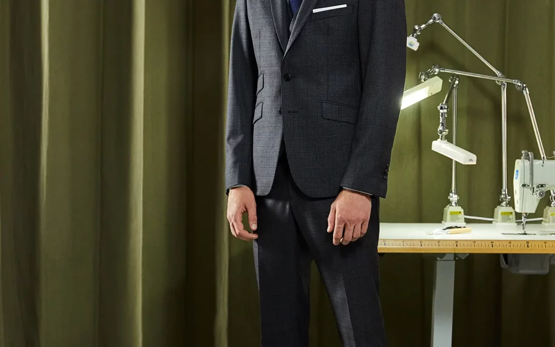 GUY – Costume 3 pièces sur mesure en Toile de laine à motifs prince de Galles gris et carreaux bleus