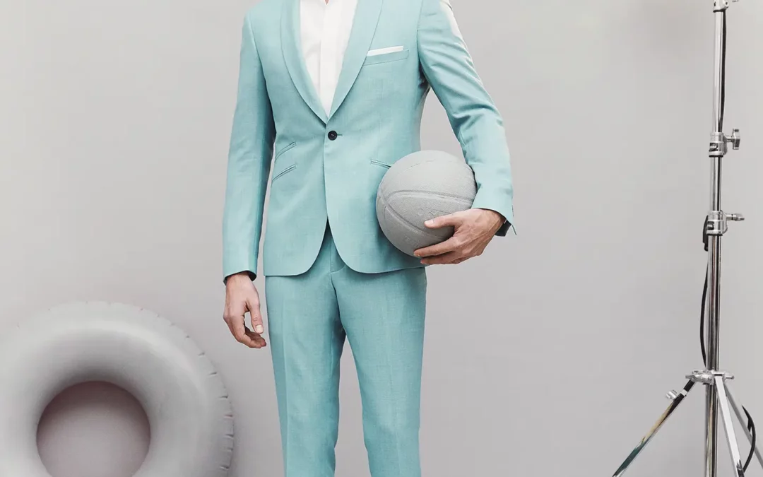 PAOLO – Costume 2 pièces sur mesure en Toile de laine nattée turquoise