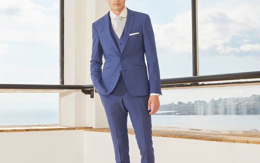 RENÉ – Costume 3 pièces Toile de laine bleu à micro-motifs irréguliers gris