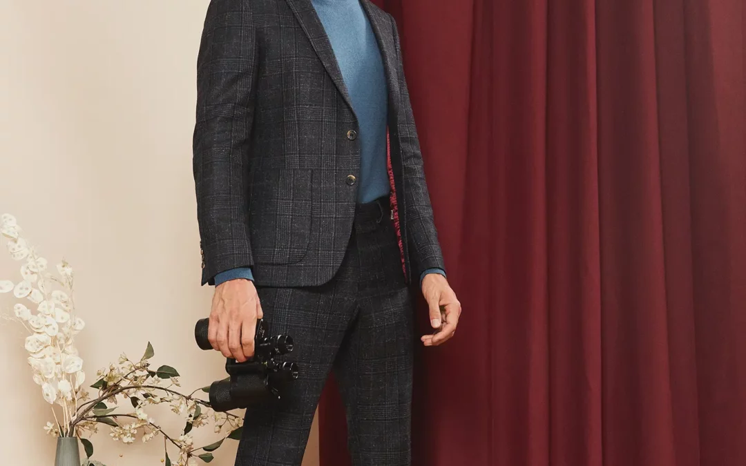 UMBERTO – Costume 2 pièces sur mesure en Flanelle de laine gris bleuté moucheté à motifs prince de Galles noir