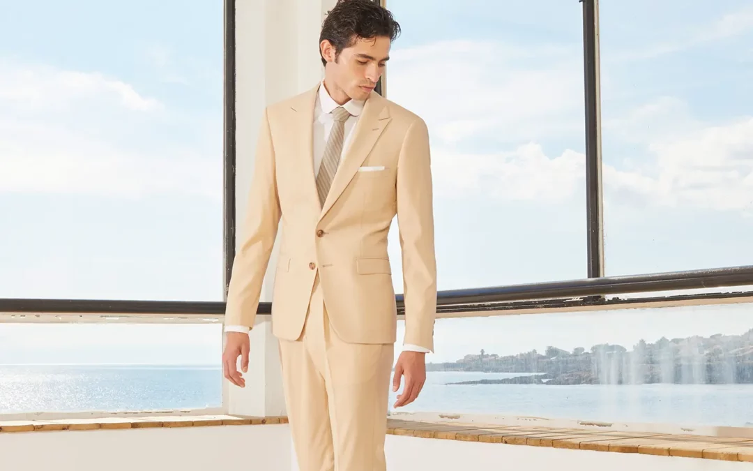 CLAUDE – Costume 2 pièces Toile de laine stretch beige ros