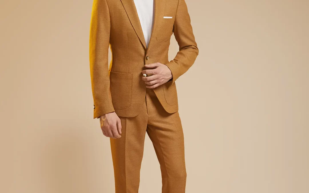 MAX – Costume sur mesure 2 pièces en Toile de laine nattée ocre jaune, 100% laine