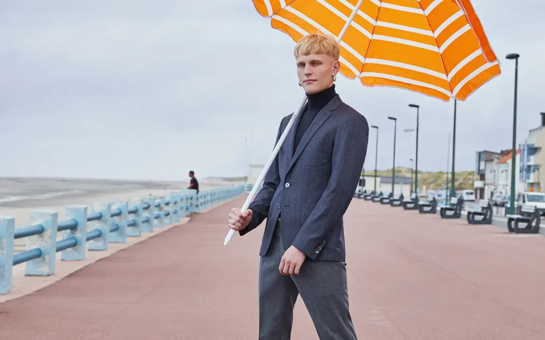 SOL – Veste sur mesure en Flanelle de laine bleu à rayures tennis grise et bordeaux